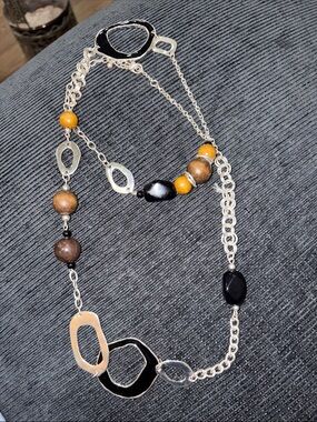 Vintage Multi-Color Bead Link Necklace Women OS Black Brown Yellow Good Boho